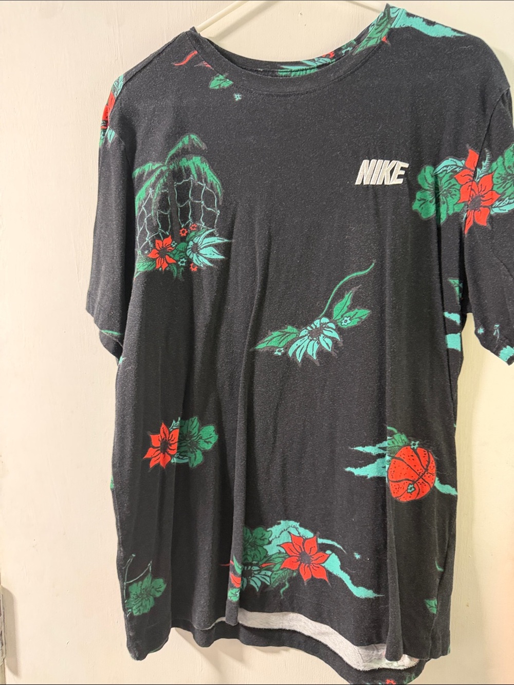 Nike Black Tee with Teal-Green and Red Floral Print